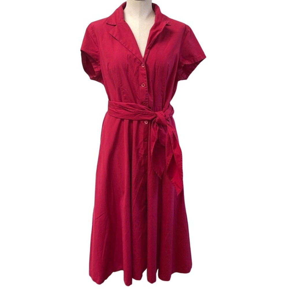 J. Peterman Shirt Dress Womens 14 Pink Cotton Button Front Belted Midi Classic